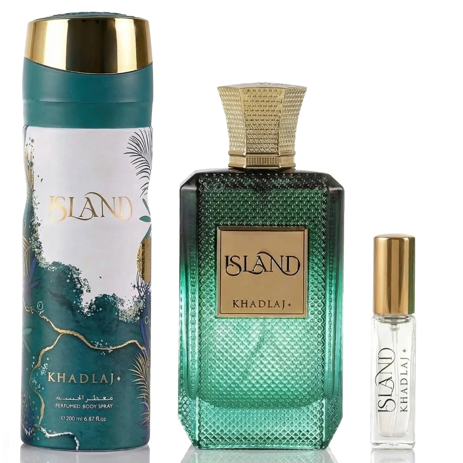 Khadlaj Island Gift Set Extrait De Parfum 3.4 Oz Deodorant Travel Spray